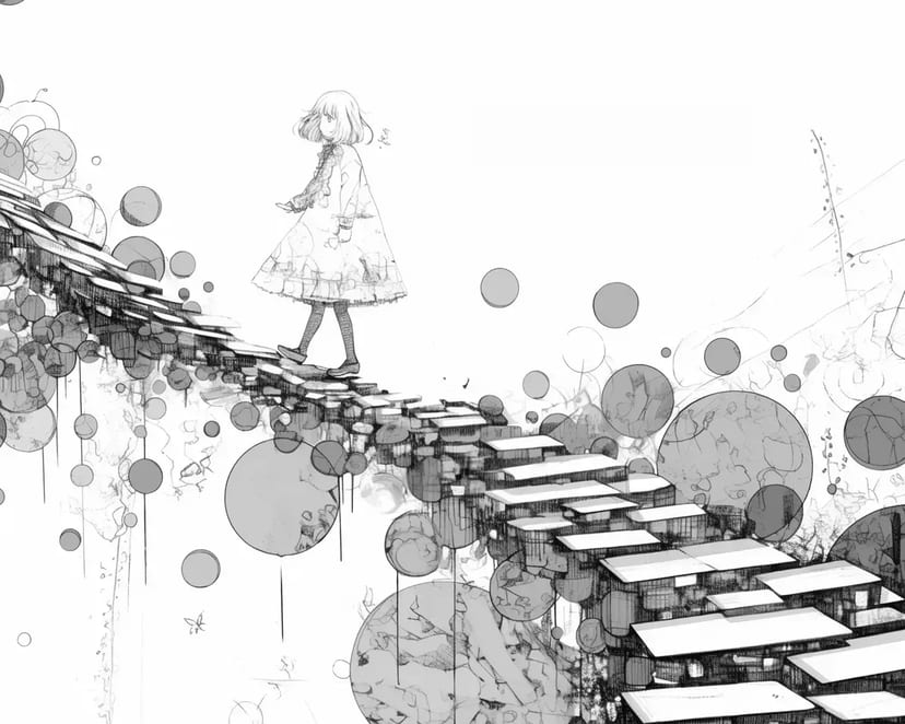 Fille Marchant sur des Escaliers Flottants