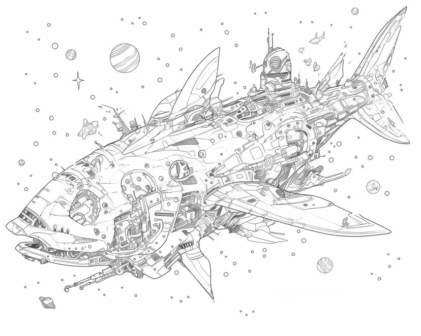 Vaisseau Spatial en Forme de Requin Poursuivant les Étoiles