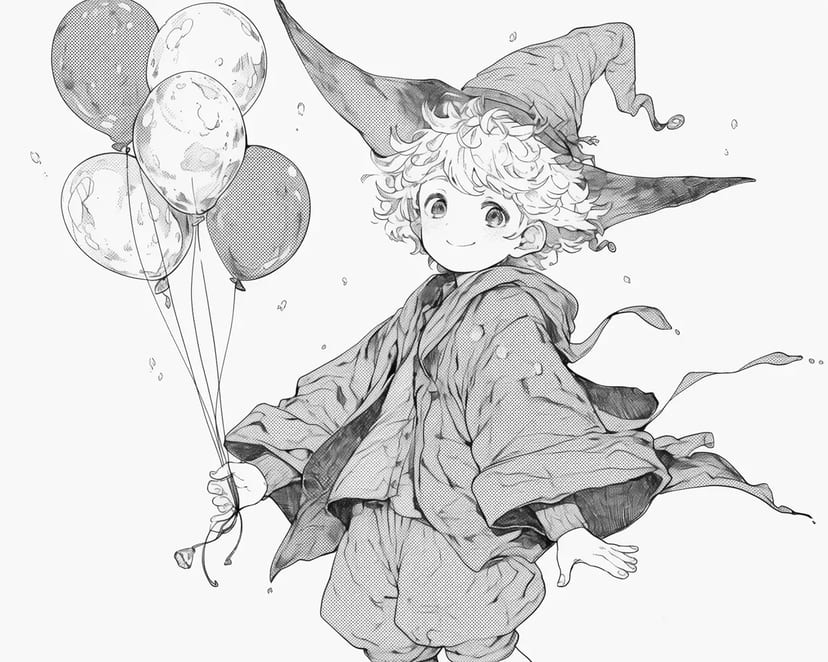 Boy with Balloons and Wizard Hat
