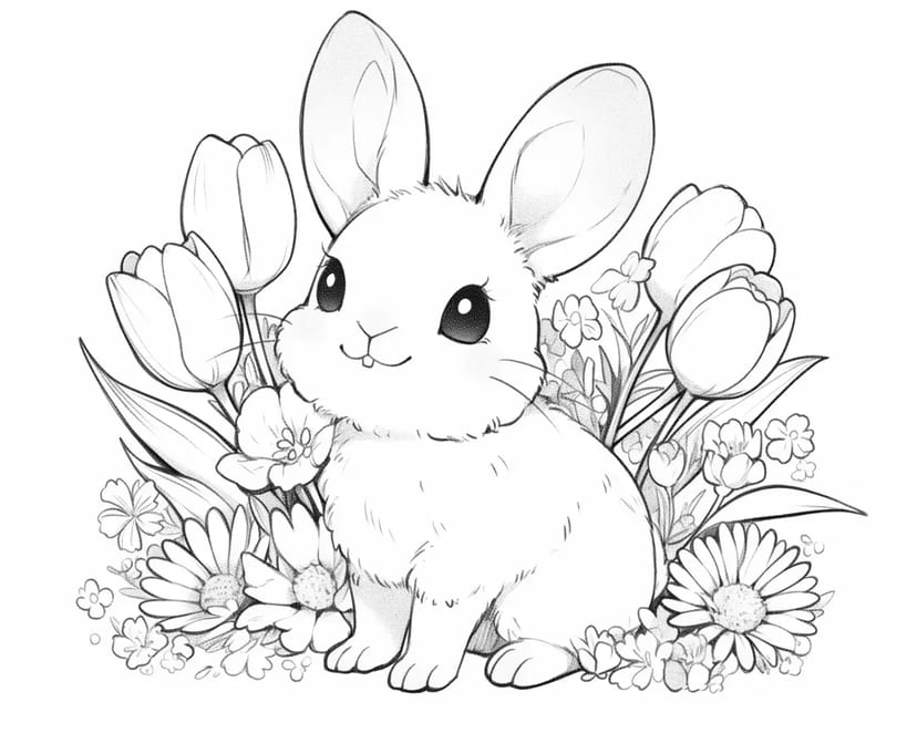 Adorable Lapin Entouré de Fleurs