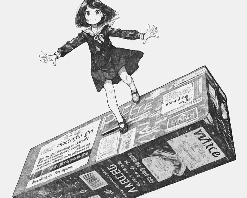 Fille en équilibre sur une barre de chocolat