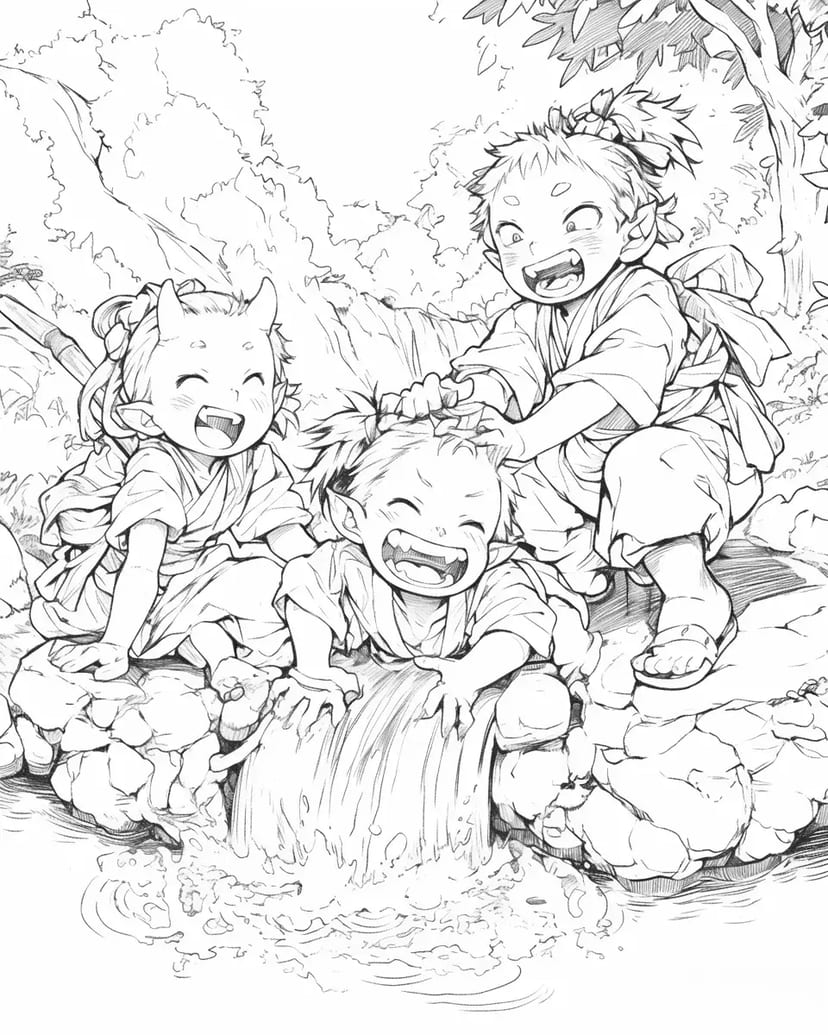 Petits Oni Jouant près de la Rivière