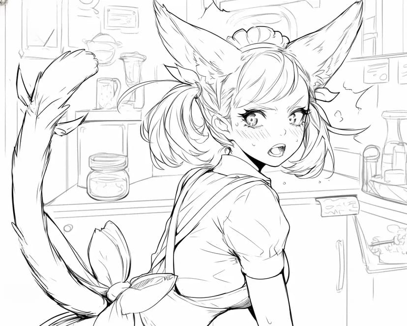 Fille aux Oreilles de Chat dans la Cuisine