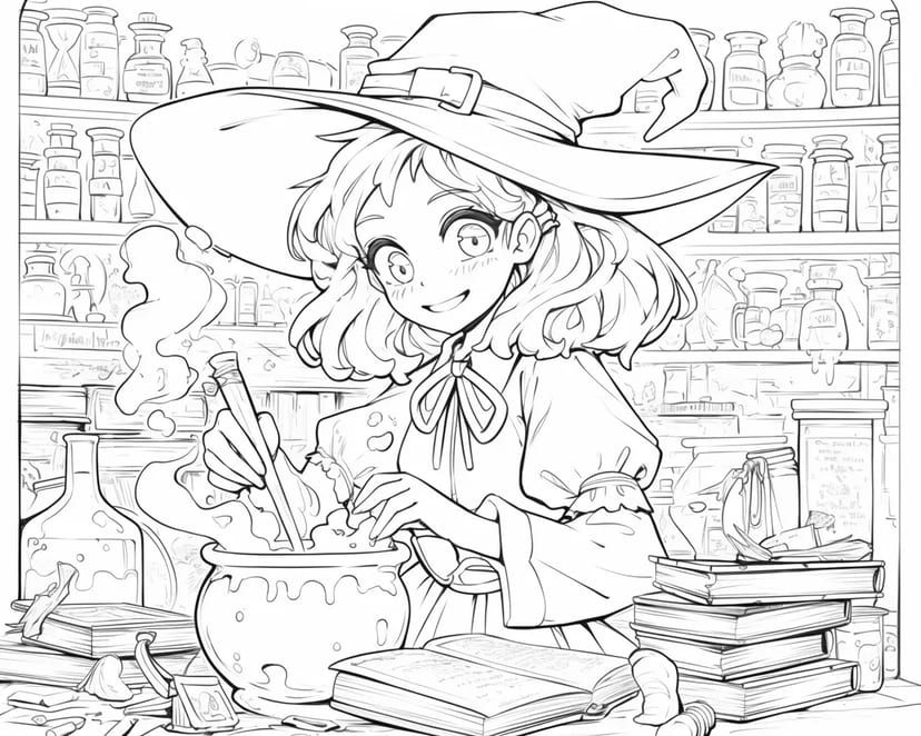 Petite Sorcière Préparant une Potion Magique