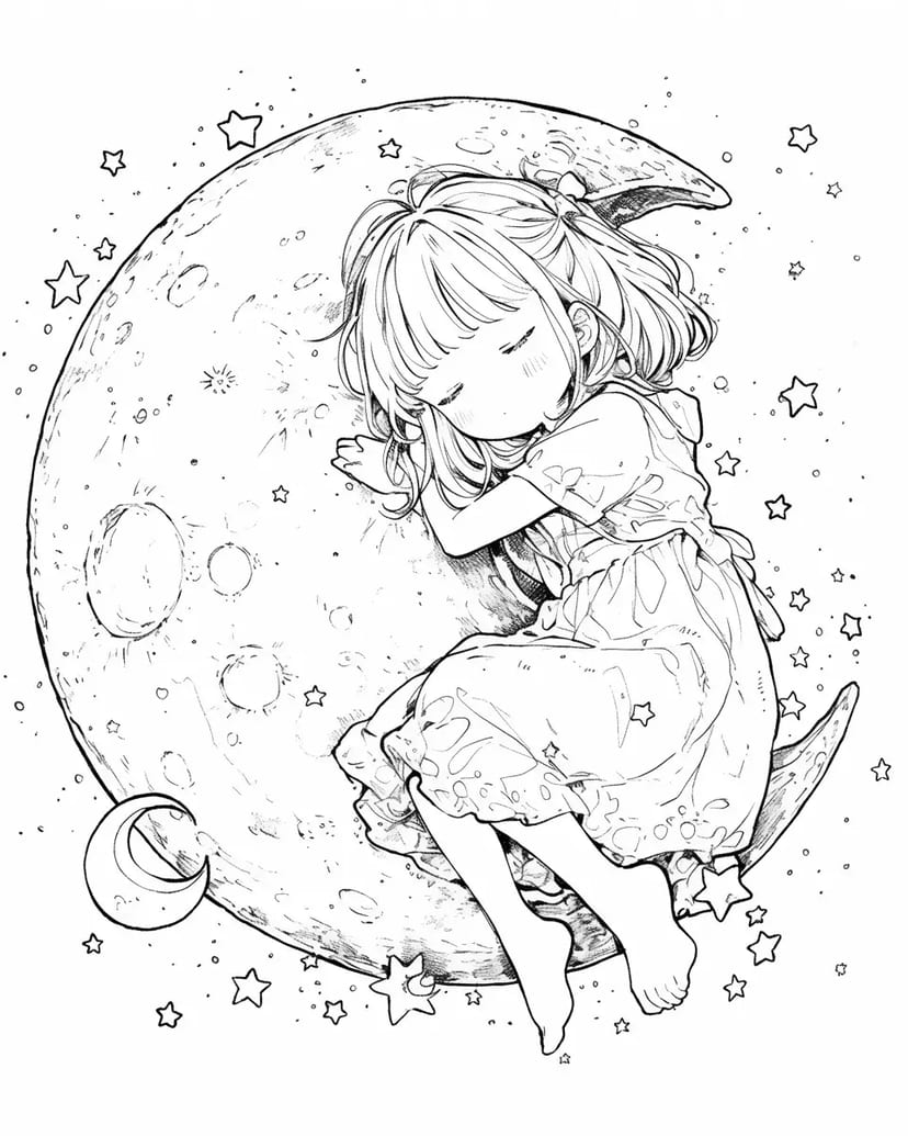 Fille Dormant en Enlaçant la Lune