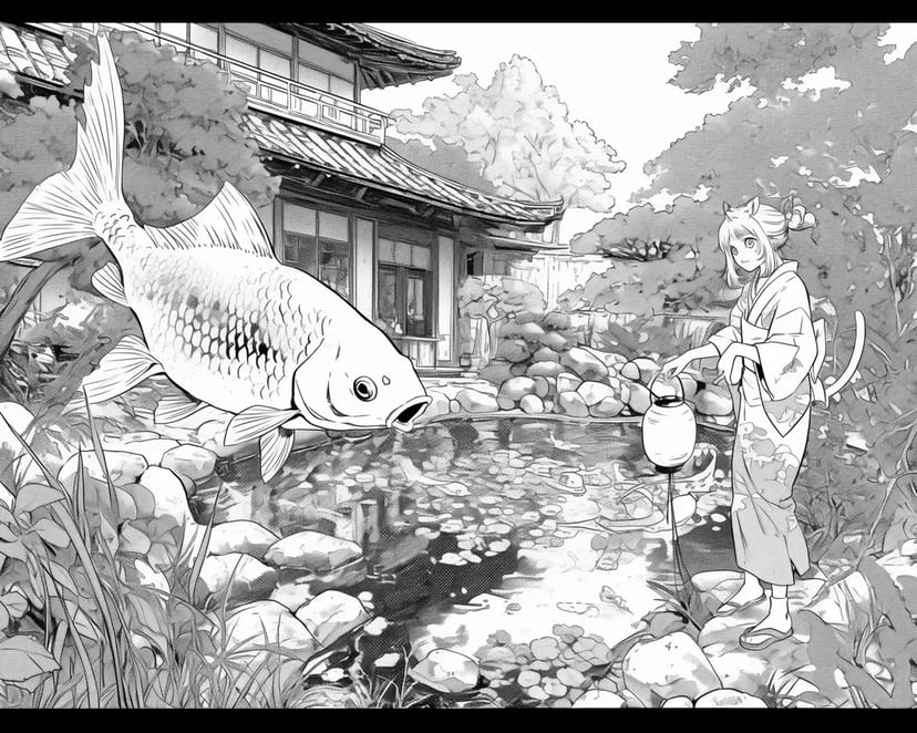 Carpa y Chica junto al Estanque