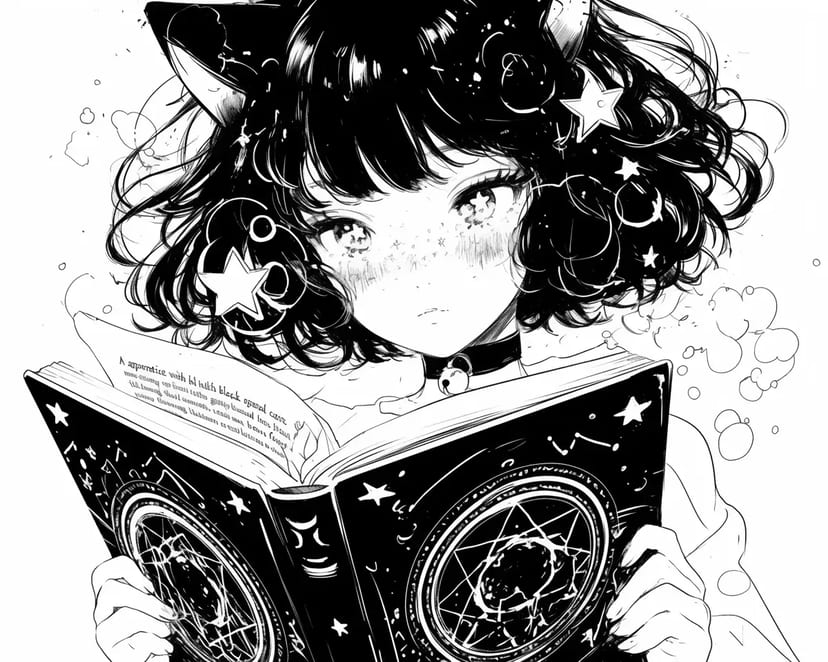Fille Lisant un Livre d'Étoiles et de Magie