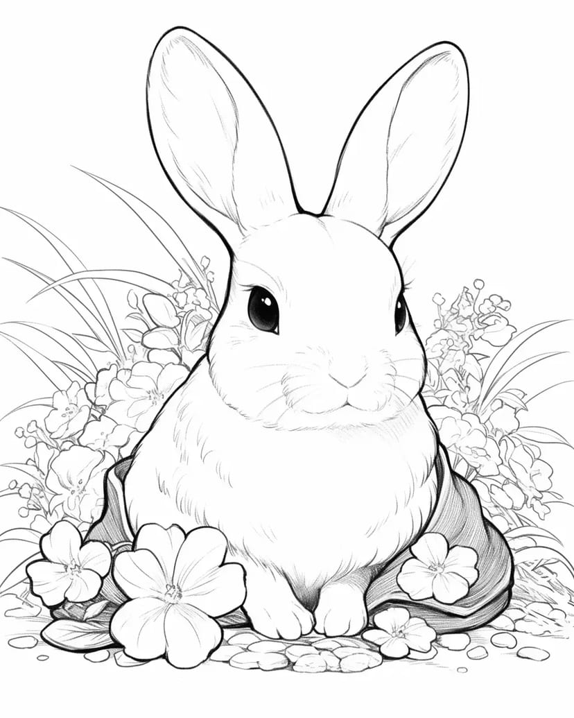 Lapin Douillet Entouré de Fleurs