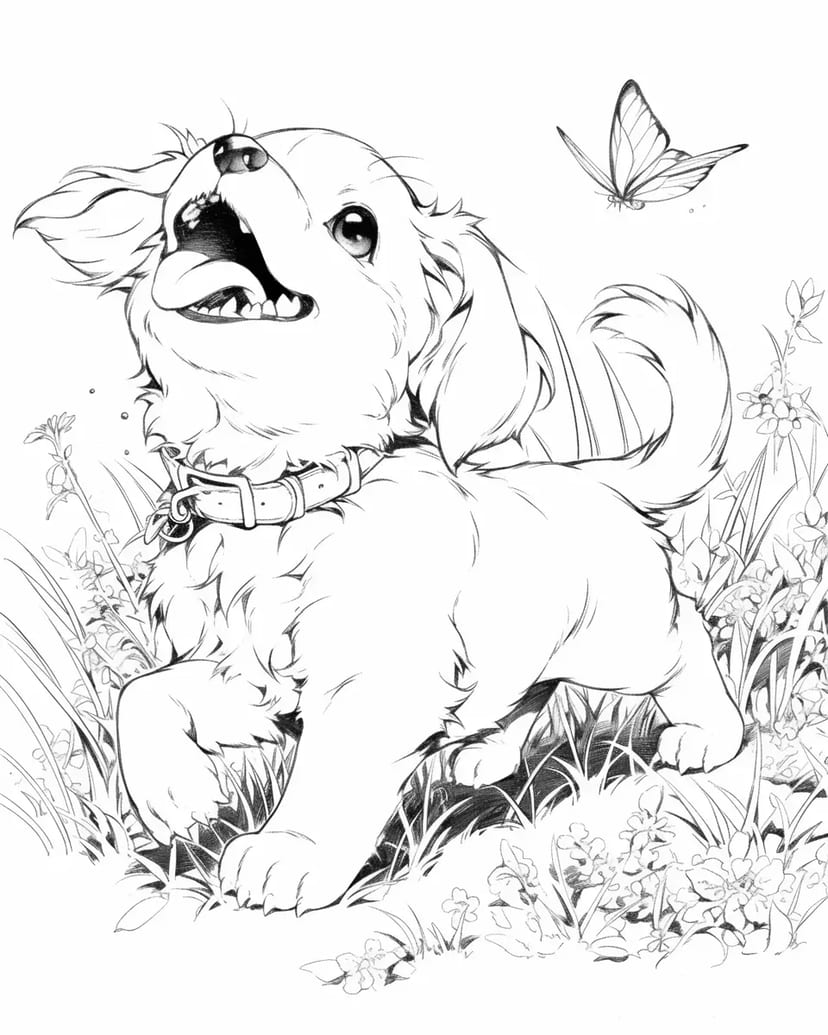 Chiot Joueur Poursuivant un Papillon