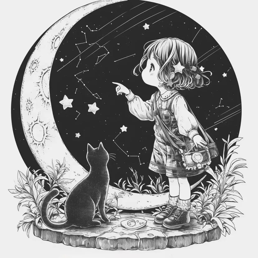 Fille et Chat Noir Regardant le Ciel Étoilé