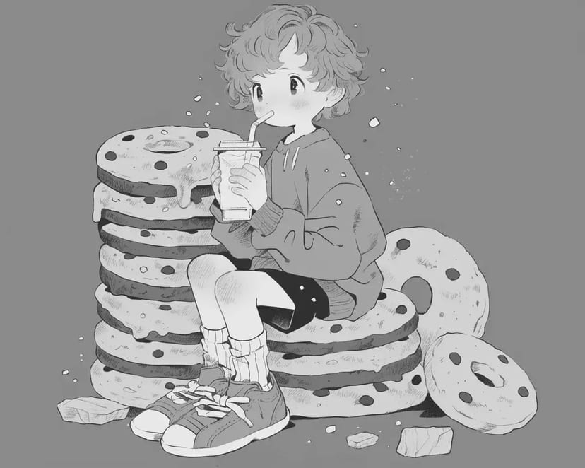 Niño Sentado en una Montaña de Galletas