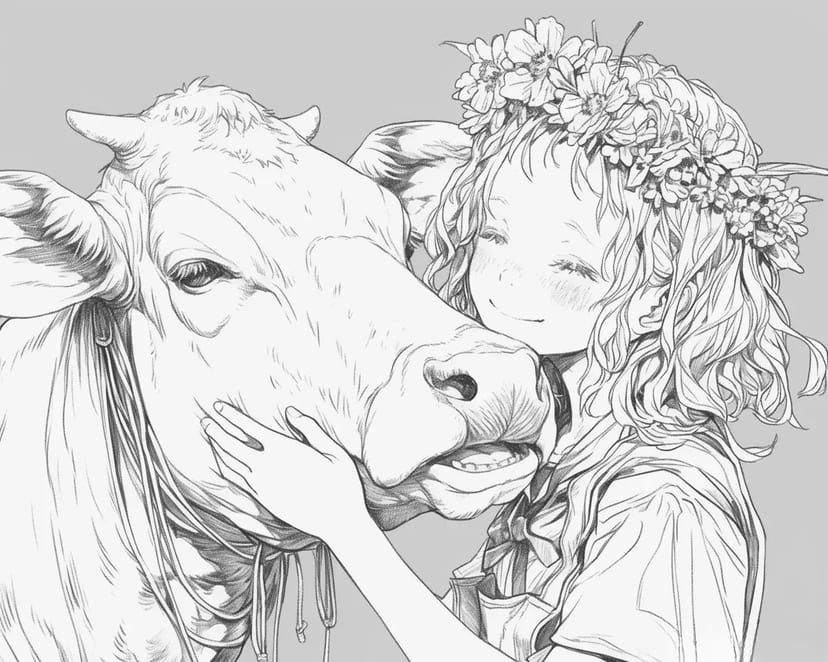 Girl with Flower Crown and Cow
