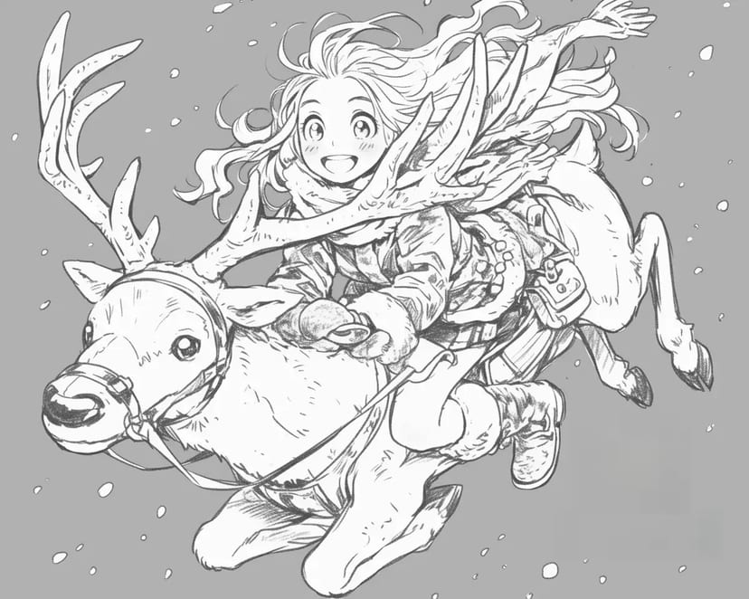 Niña Montando un Reno en el Cielo