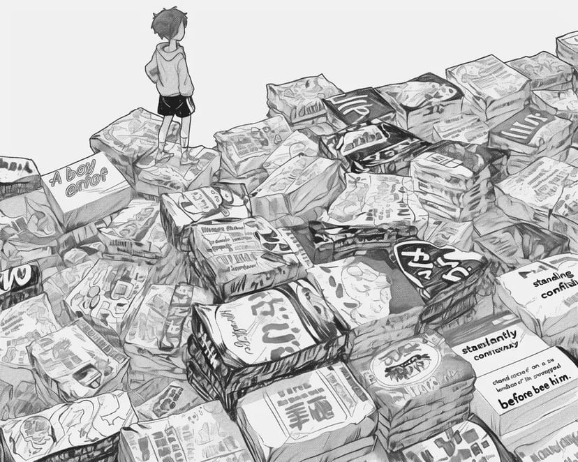Niño y la pila de manga