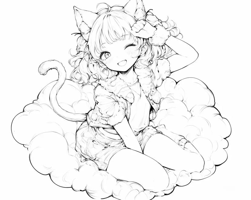Chica con Orejas de Gato en Nubes Esponjosas