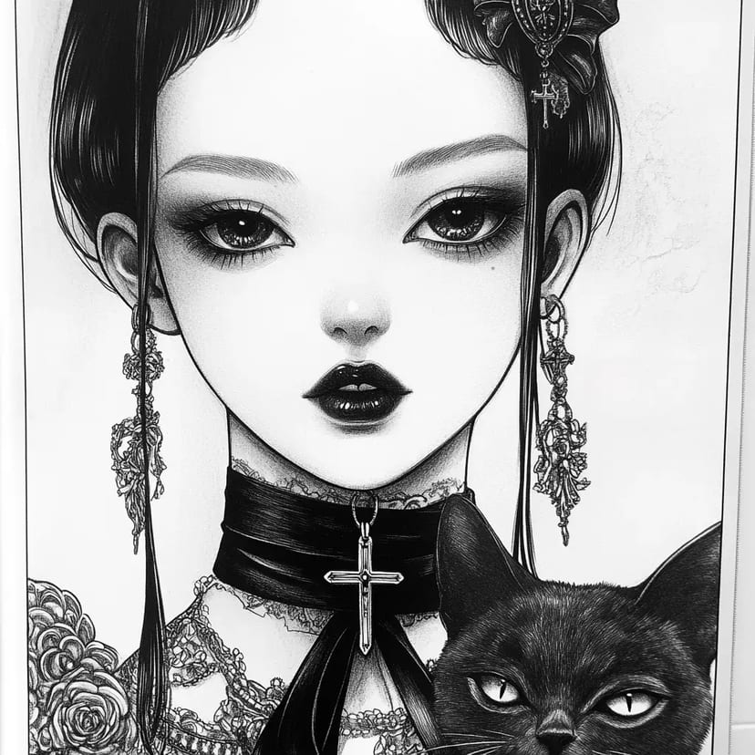 Chica Gótica y Gato Negro