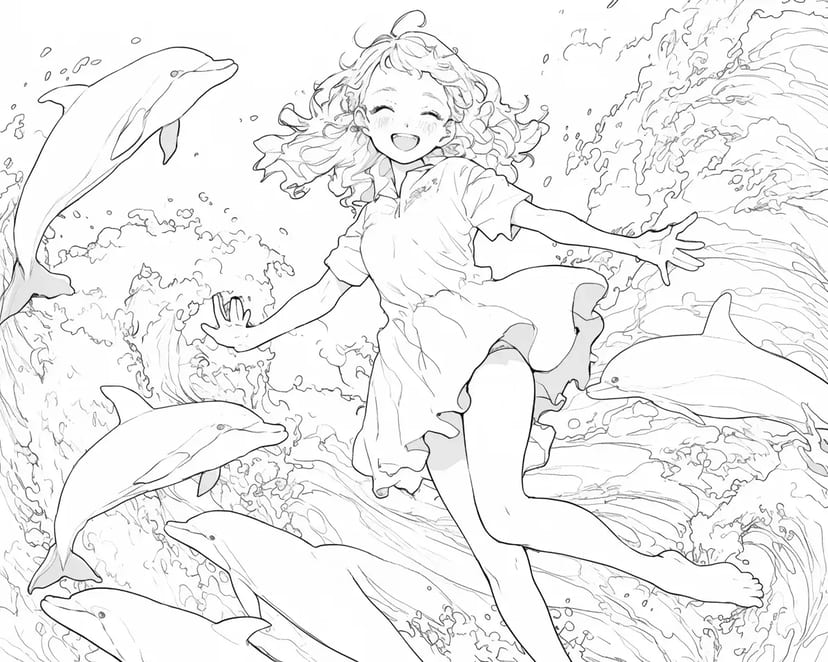 Fille Dansant avec des Dauphins