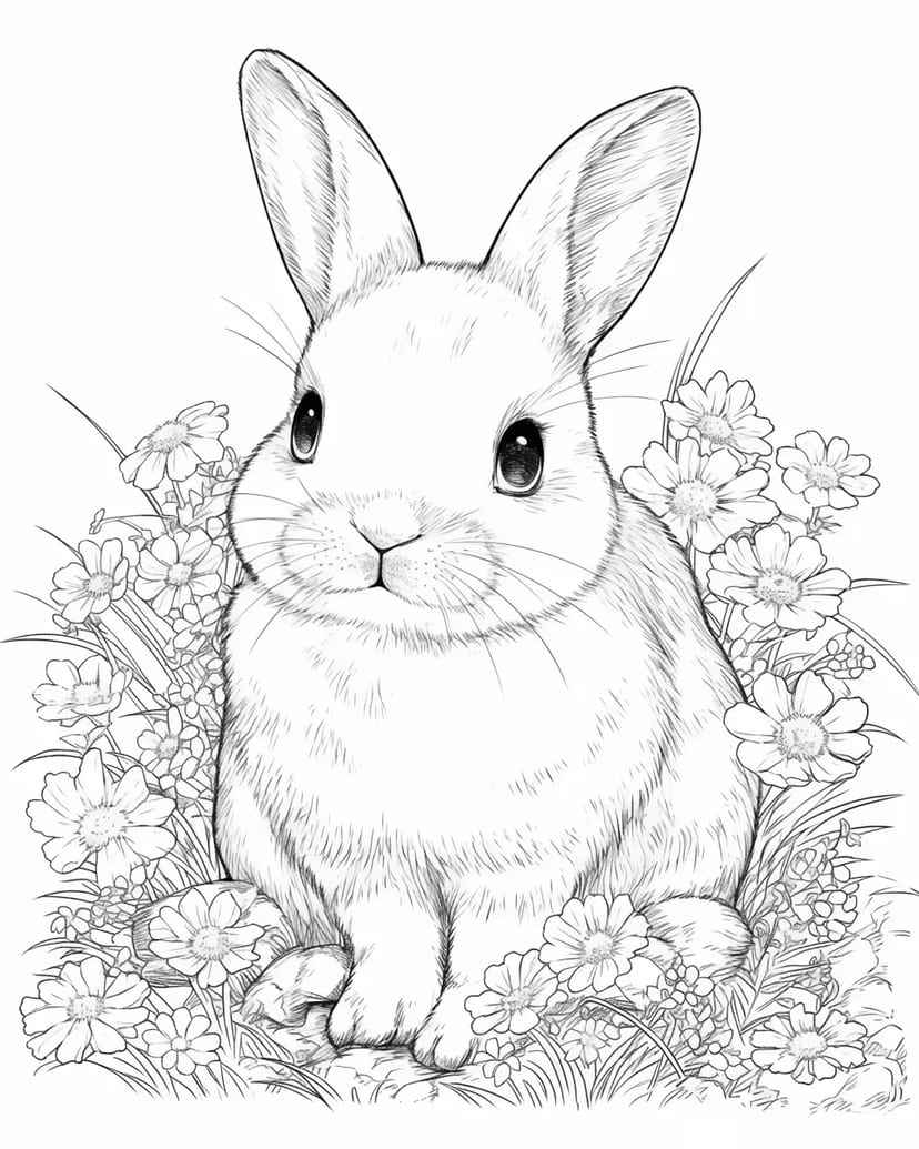 Lapin dans le Champ de Fleurs