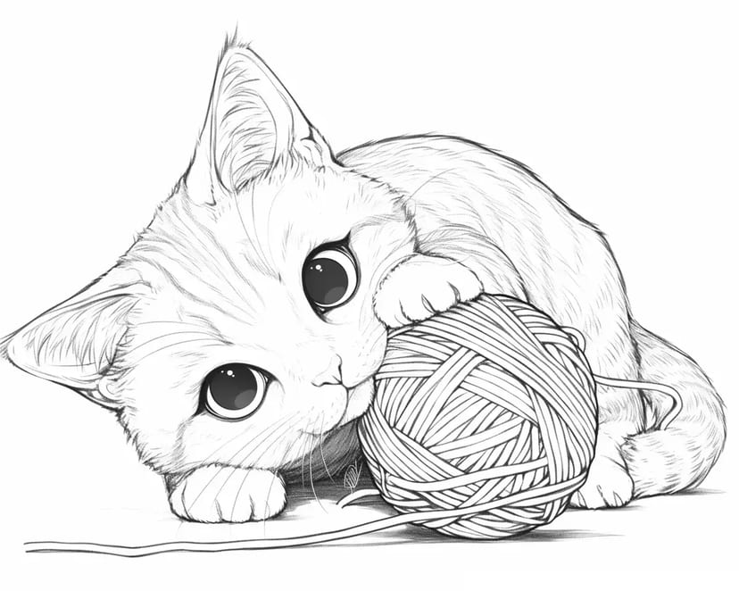 Chaton Malicieux et Pelote de Laine