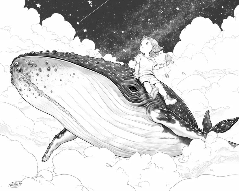 Une baleine nageant dans le ciel avec une fille