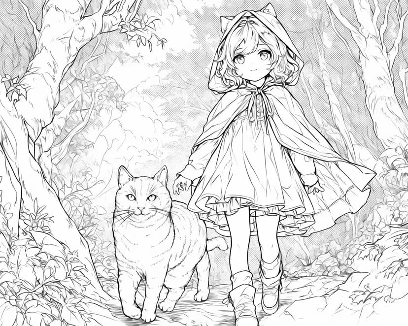 A Girl with a Hooded Cape Walking in the Forest