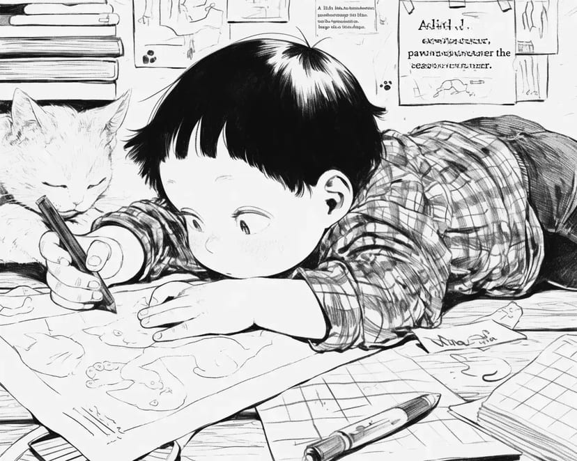Garçon Dessinant avec Chat