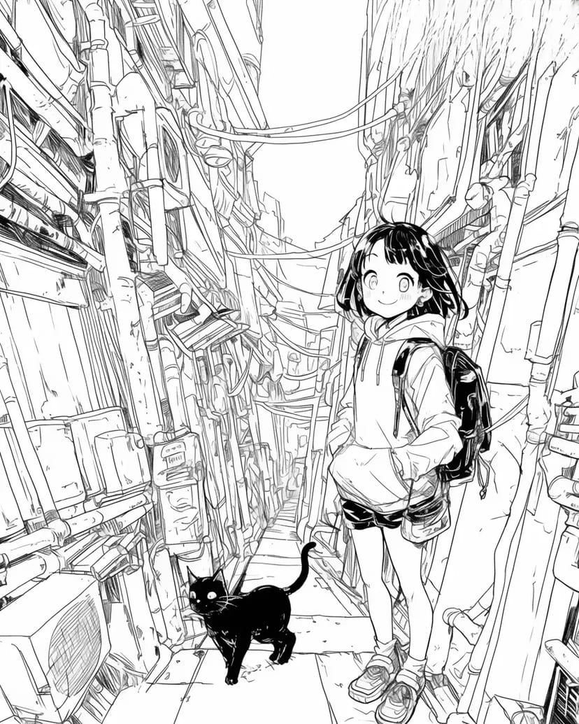Girl Walking in a Narrow Alley with a Black Cat