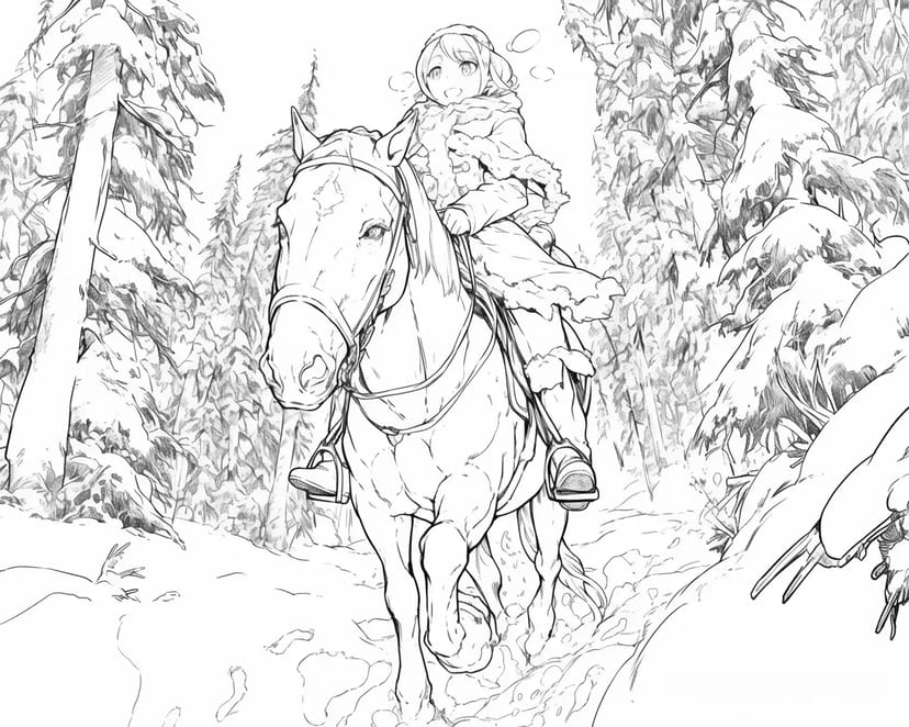 Menina Cavalgando pela Floresta Nevada