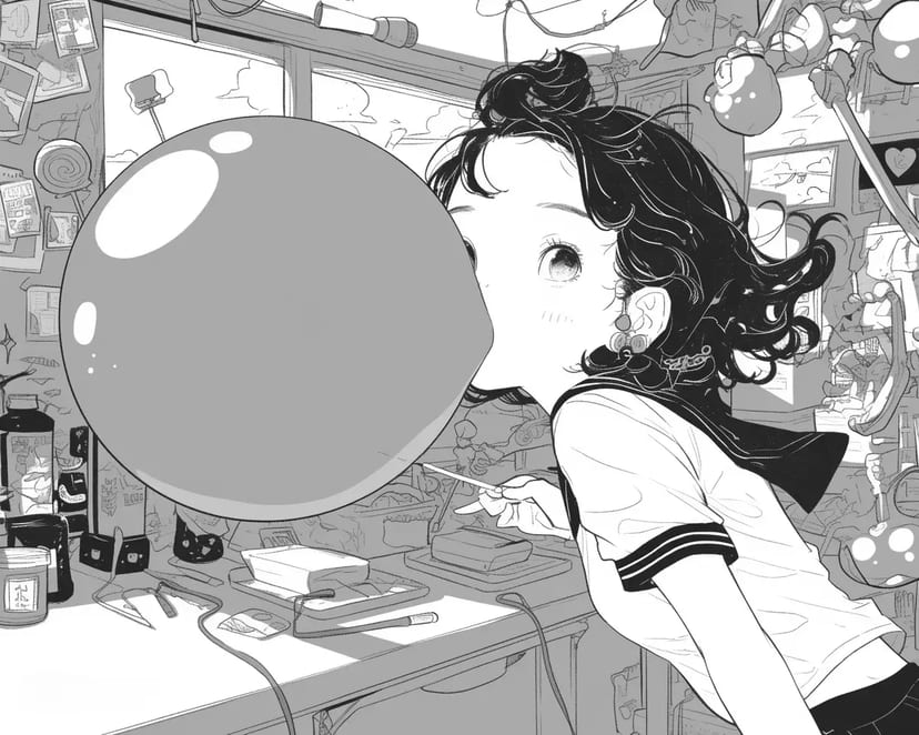 Girl Blowing a Big Bubblegum