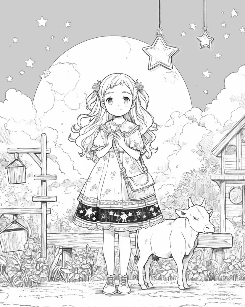 Niña y el Cielo Estrellado con Ternero