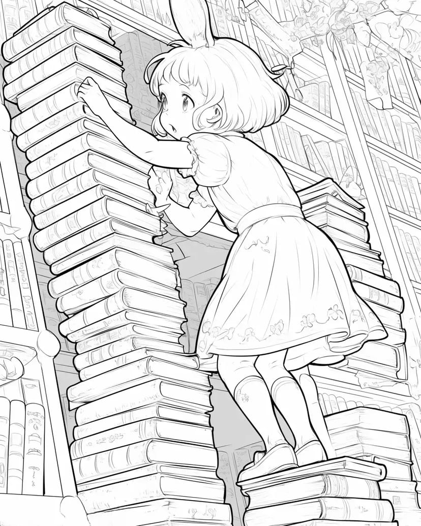 Girl Climbing a Tower of Books