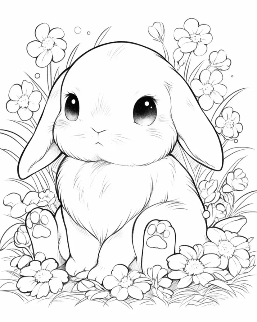 Petit Lapin dans un Champ de Fleurs