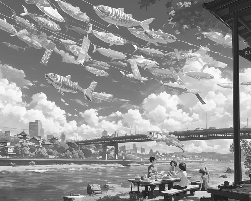 Koinobori junto al río