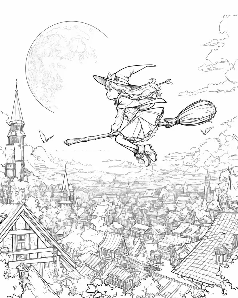 Pequeña Bruja Volando en el Cielo