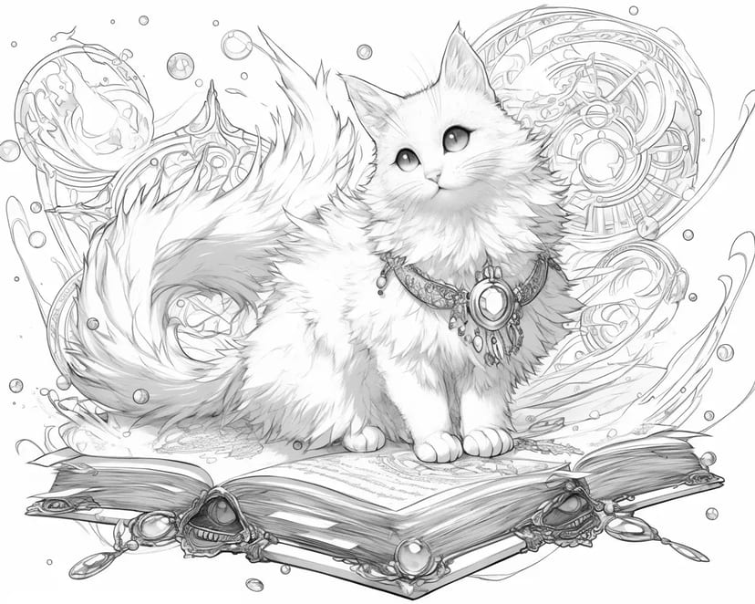 Gato Blanco Místico y el Libro Flotante