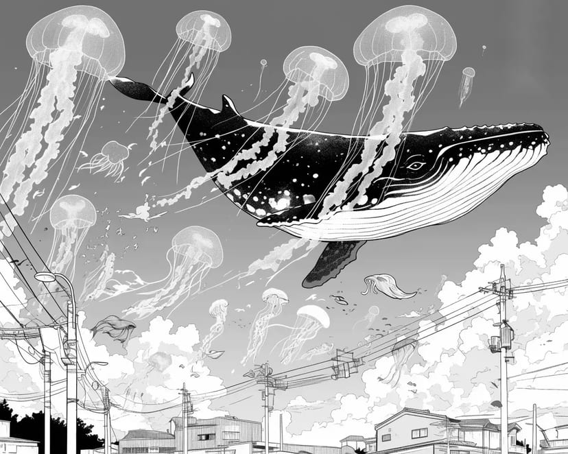 Ballena y Medusas Nadando en el Cielo