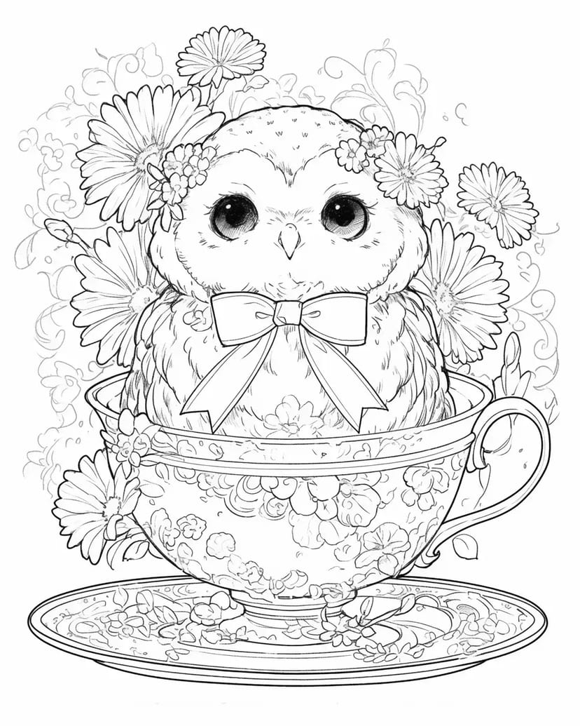 Búho en una Taza de Té Floral