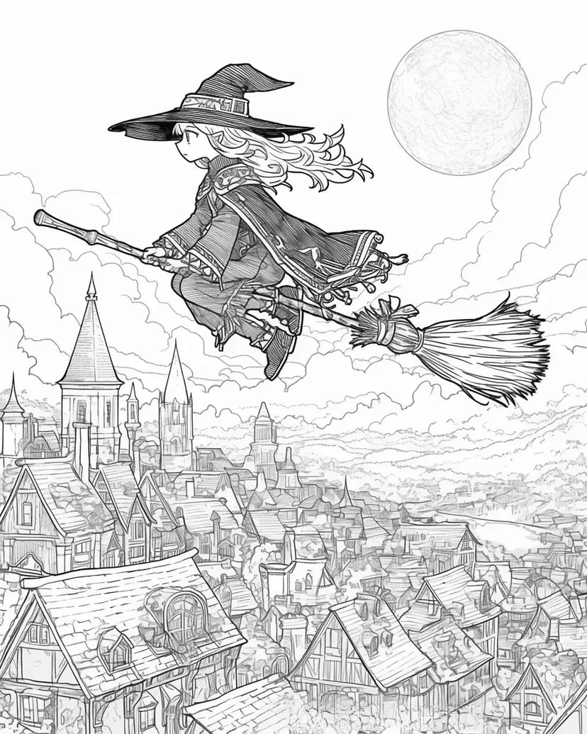 Pequeña Bruja Volando Bajo la Luna