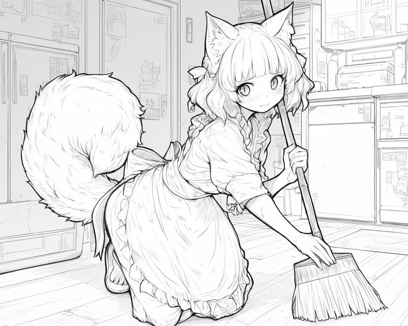 Chica con Orejas de Gato Limpiando