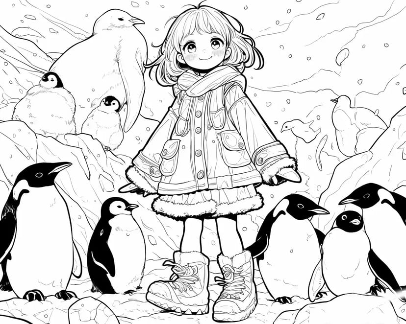 Niña con Pingüinos en Invierno