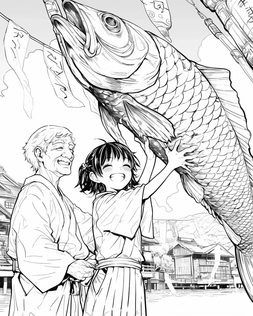 Koinobori con Abuelo y Nieta