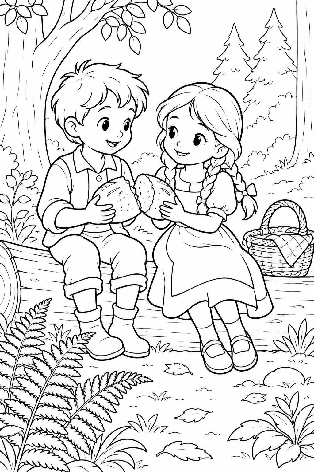 Hansel and Gretel:Sharing bread on a break(Cozy) coloring page