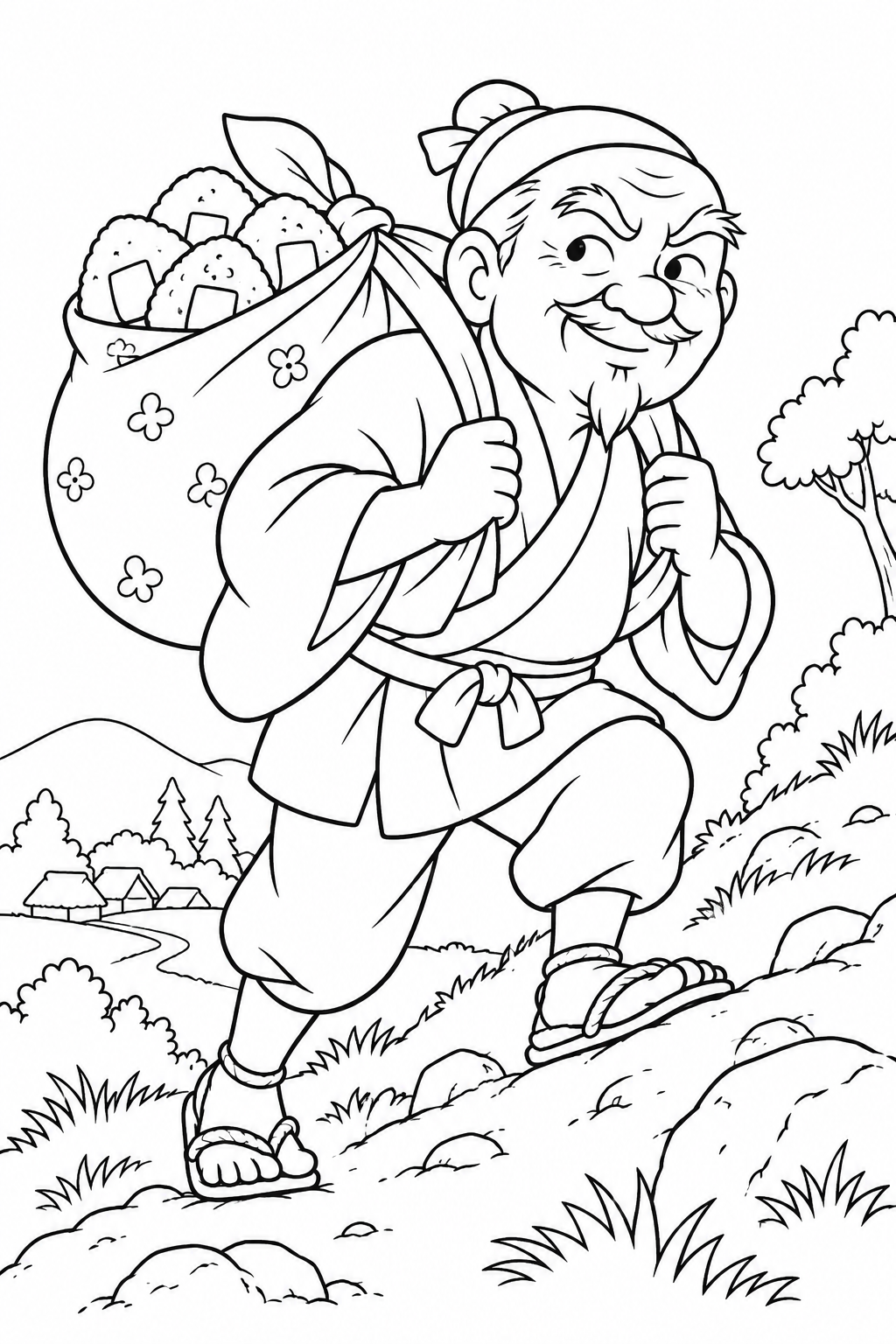 おむすびころりん・ほっこり：隣のおじいさんの山登りの塗り絵