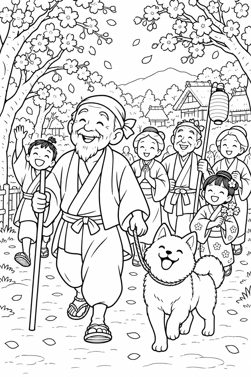 Dibujo de El anciano que hacía florecer los árboles: Un desfile del pueblo bajo los cerezos (Acogedor) para colorear