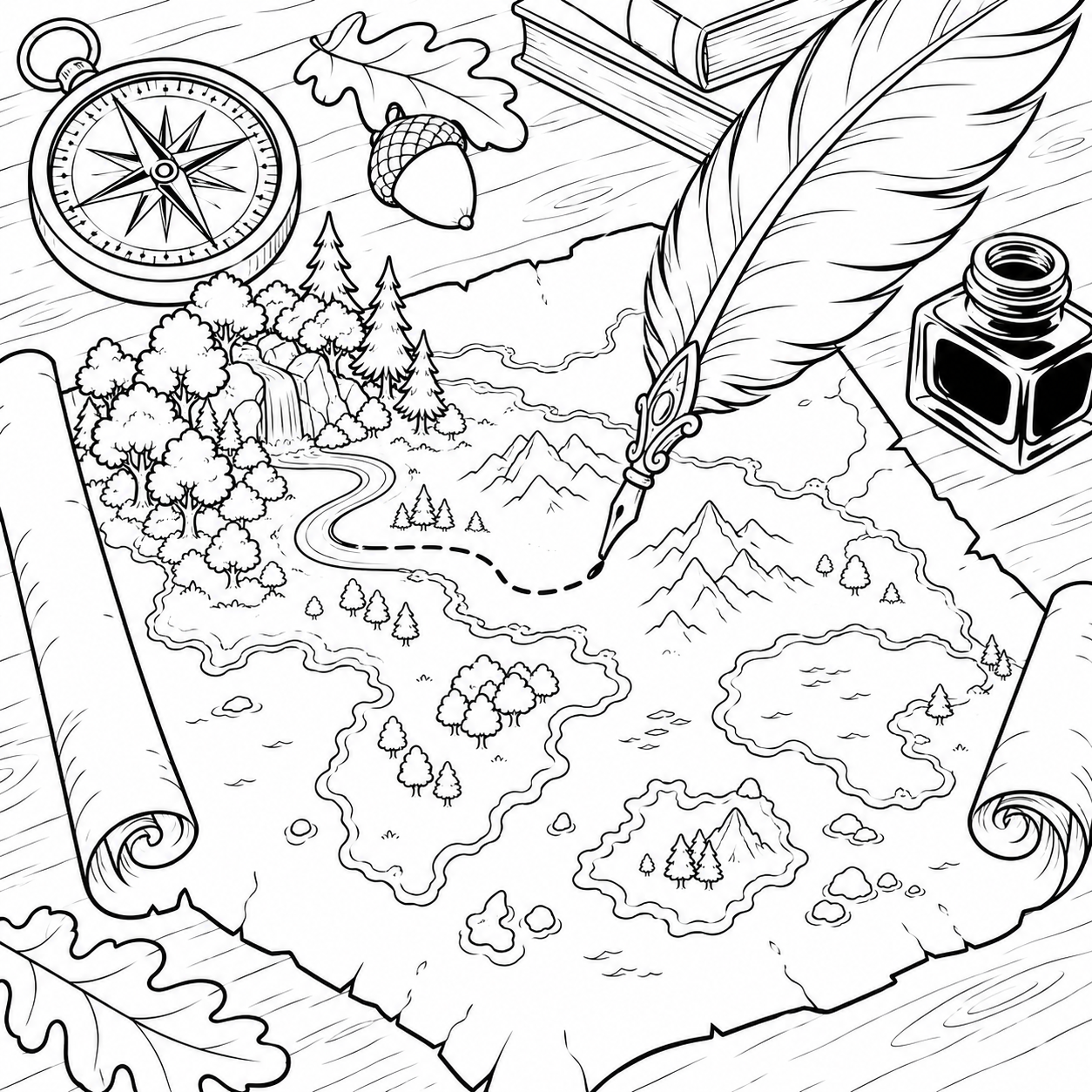羽根ペンが描く森の地図の塗り絵