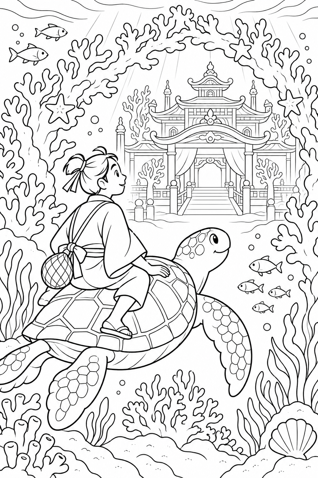 浦島太郎:珊瑚の門から竜宮城へ(ほっこり)の塗り絵