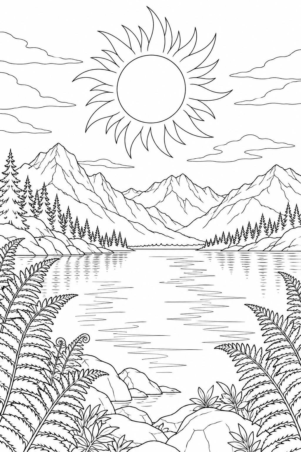 高山湖とシダと日食の光の輪の塗り絵