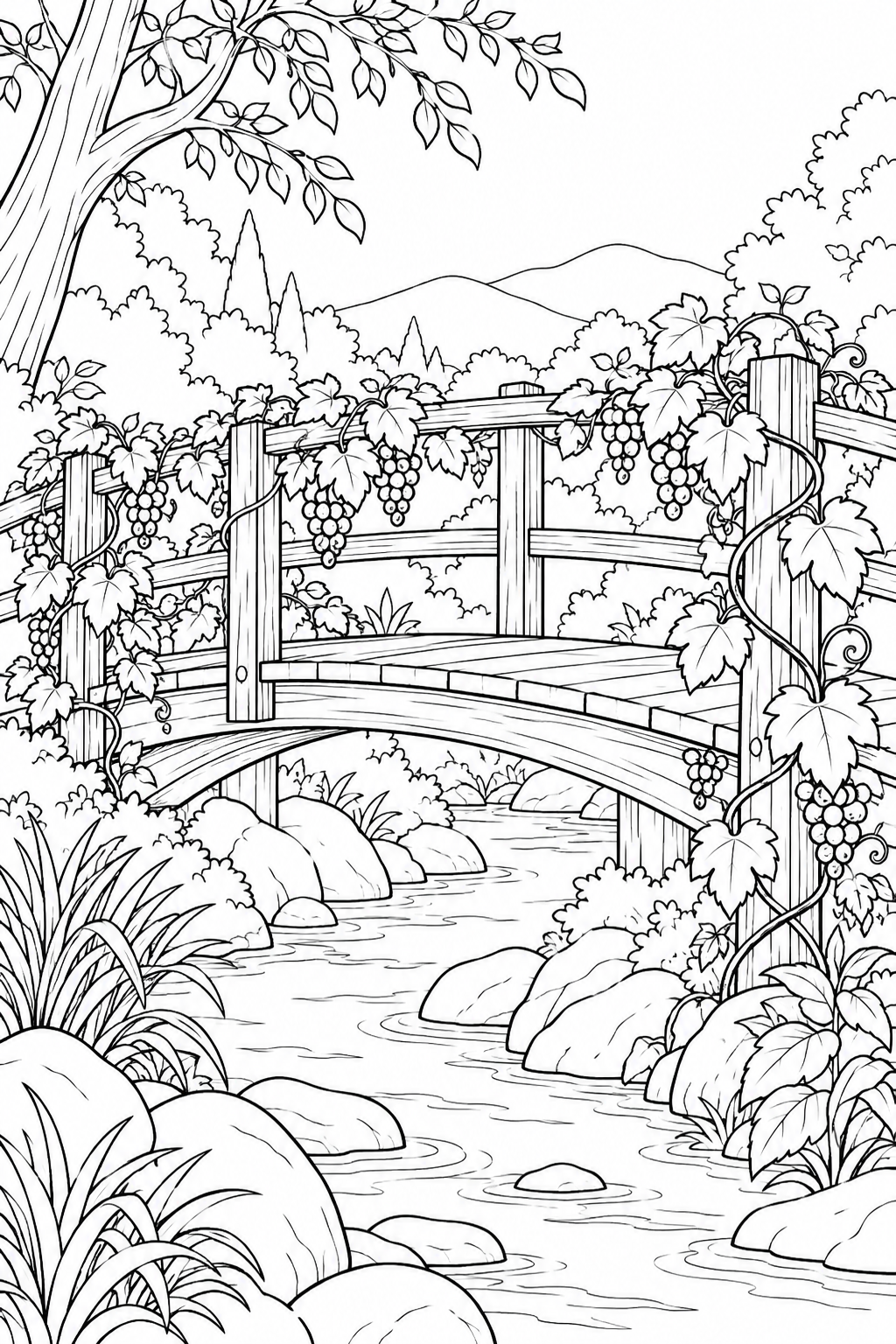 山葡萄がからむ木の橋の塗り絵