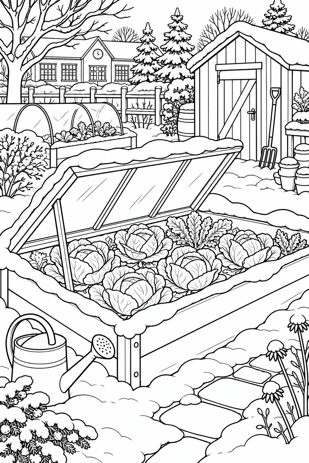 冬の学校の菜園づくりの塗り絵