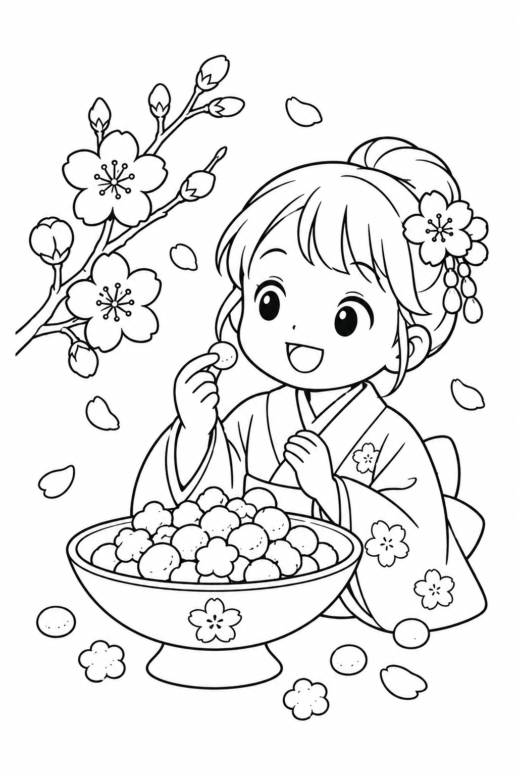 Dibujo de Hina arare (bolitas de arroz dulces) y flores de durazno para colorear